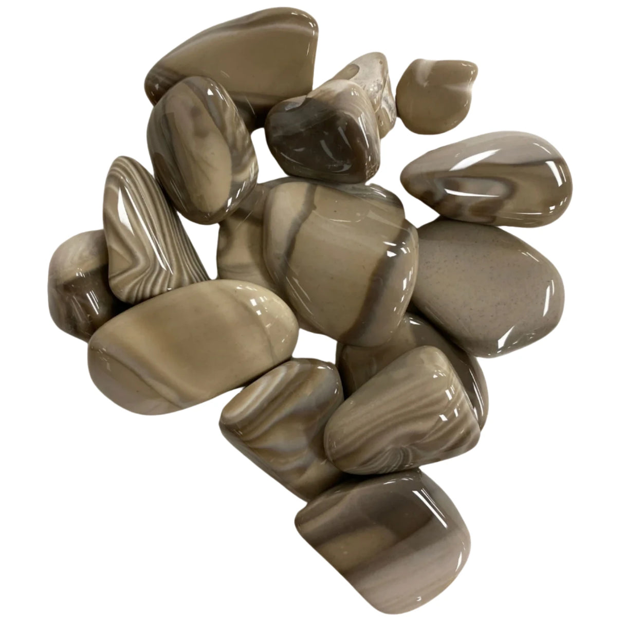Tumbled Flint stones with a smooth, polished finish and a variety of brown and gray hues.