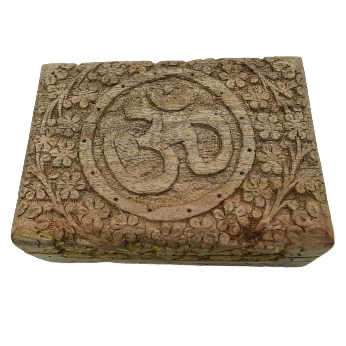 Floral OM Box - Natural wood box, deep etched floral design with carved OM center
