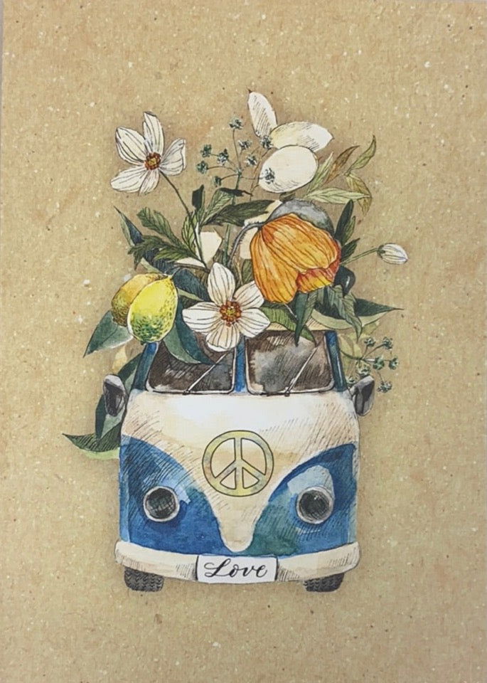 Flower Van Greeting Card - Tan Card with a VW van full of flowers