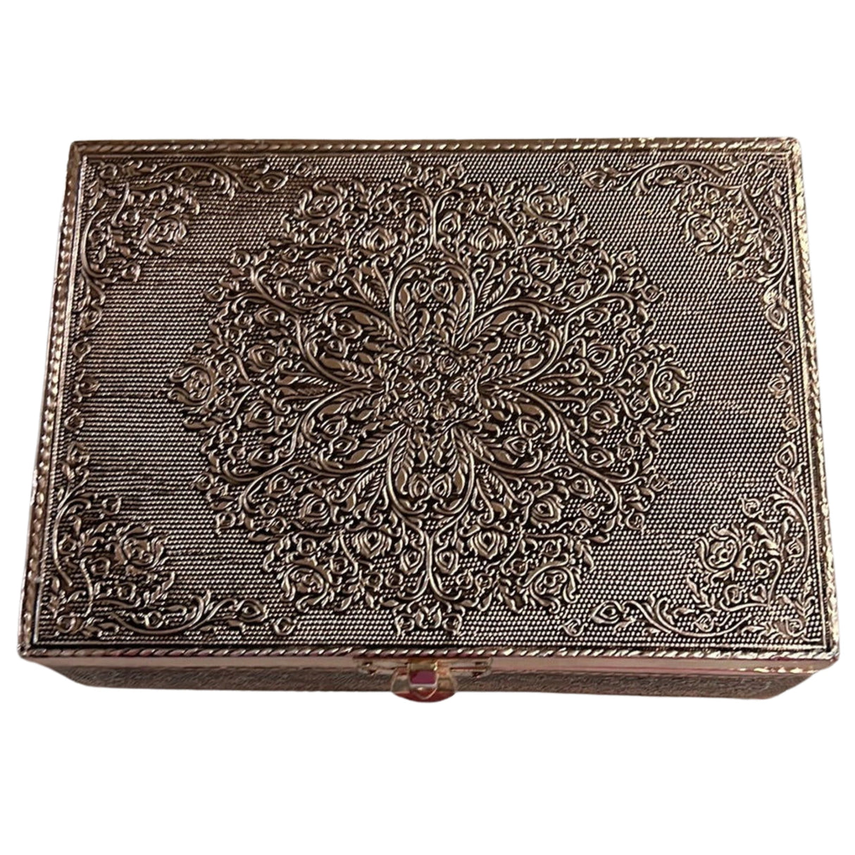 Copper-plated metal box with intricate floral designs, featuring a central flower of life symbol.