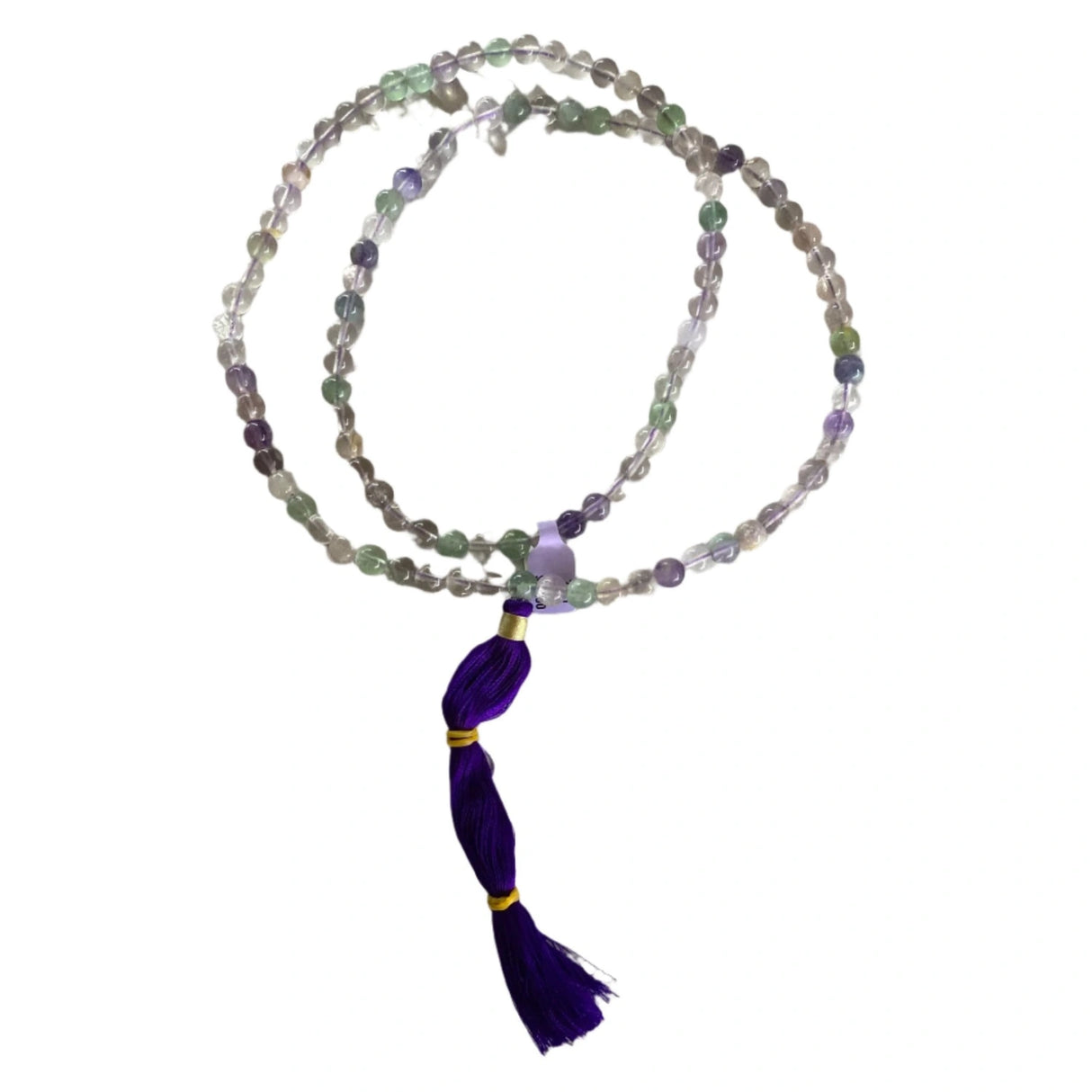 Fluorite Mala - Fluorite Mala multi colored polished beads with purple tassle.