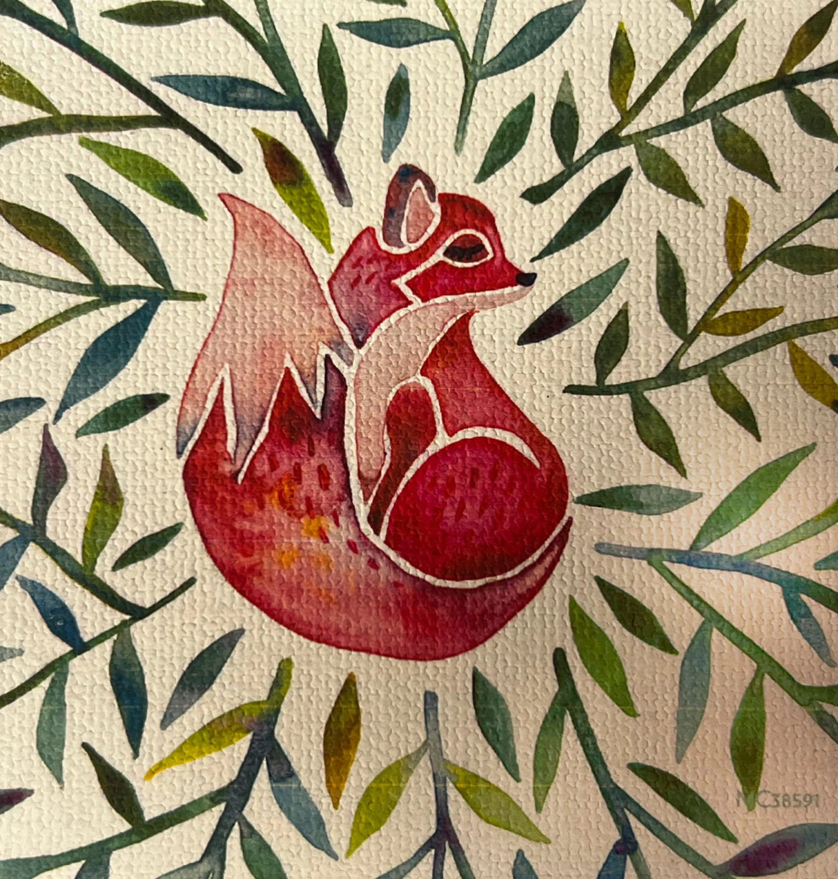 Fox Canvas Magnet with a red fox surrounded by green leaves.