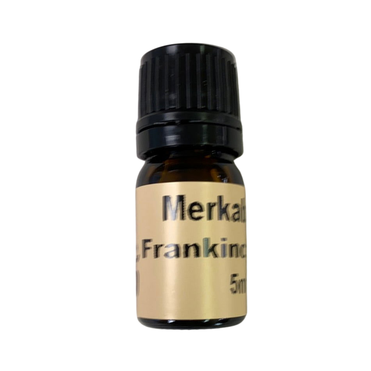 Frankincense Essential Oil - Frankincense Essential Oil in small amber colored bottle with light brown label and black screw cap.