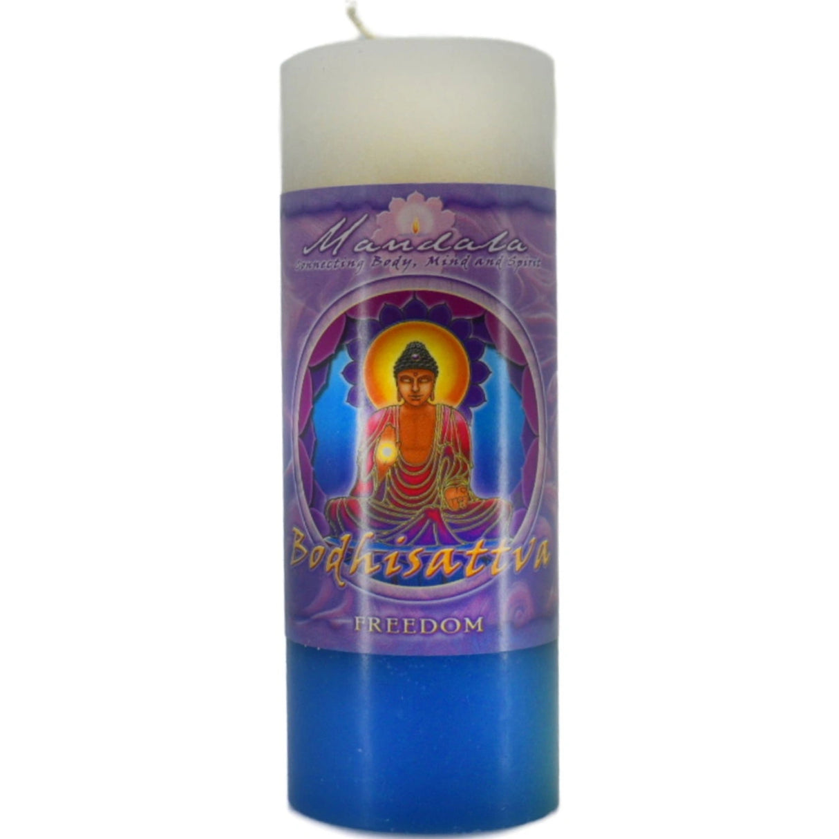 White candle with "MANDALA" and "FREEDOM" labels.
