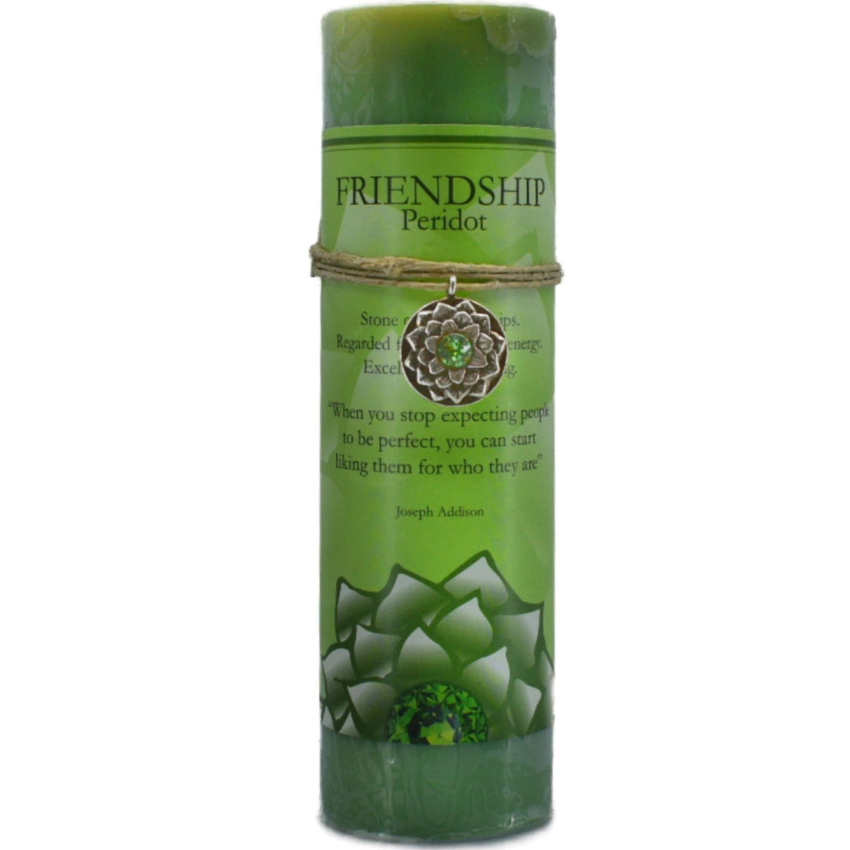 Green candle with "FRIENDSHIP" label and peridot pendant.