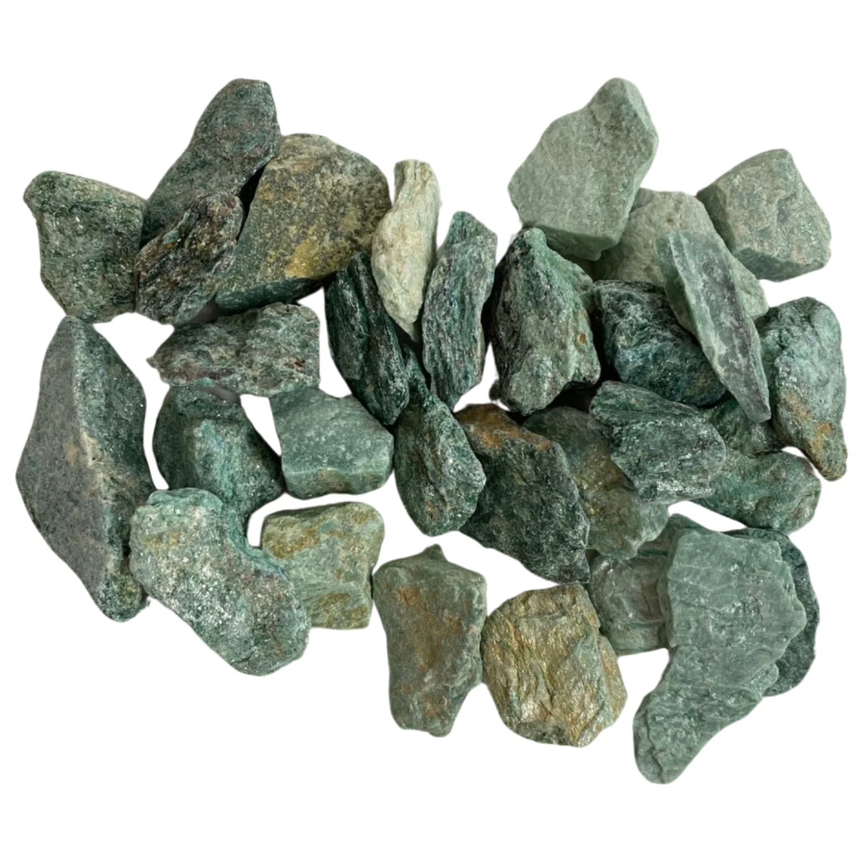 Tumbled Fuchsite stones with a smooth, polished finish and a vibrant green color.