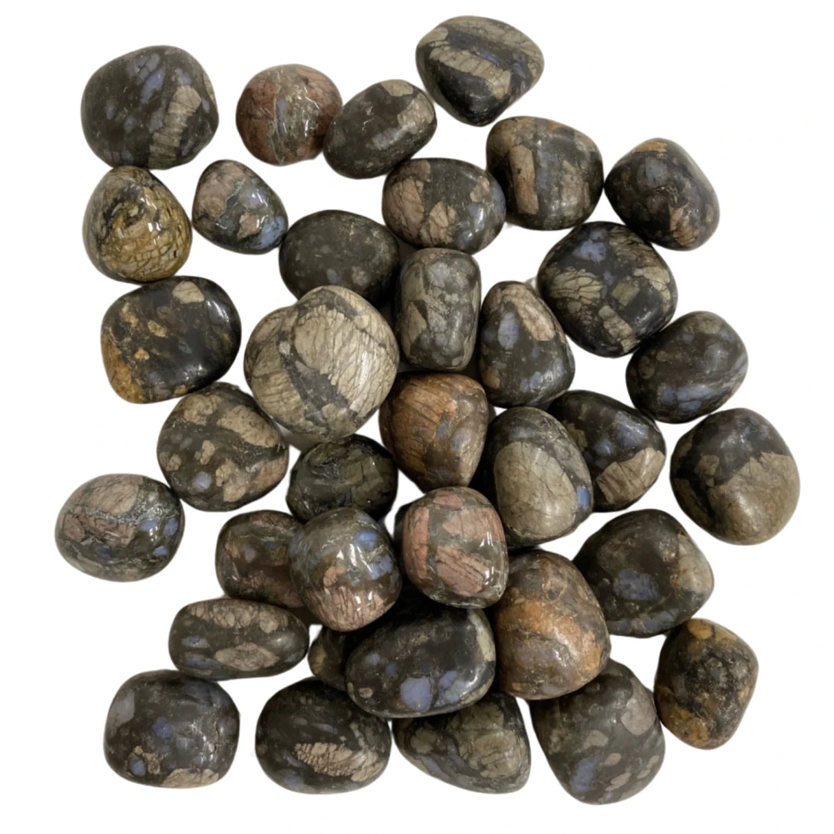Tumbled Galaxy Rhyolite stones with a smooth, polished finish and a captivating blend of black, purple, and white hues.