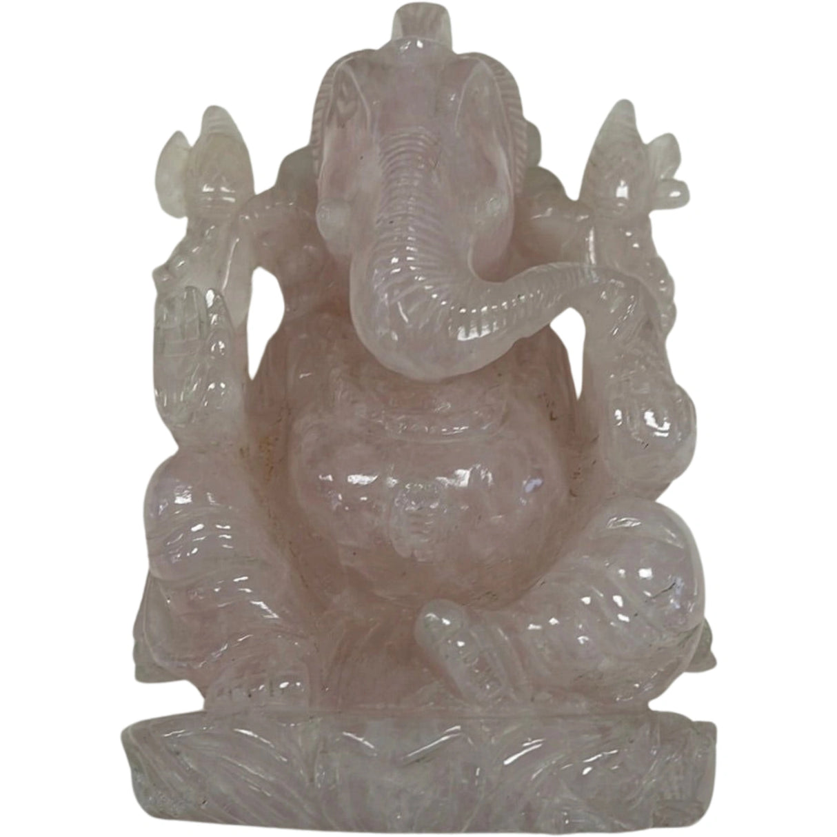 Rose Quartz Ganesha statue with four arms, holding a lotus, a conch, a modaka, and an axe.