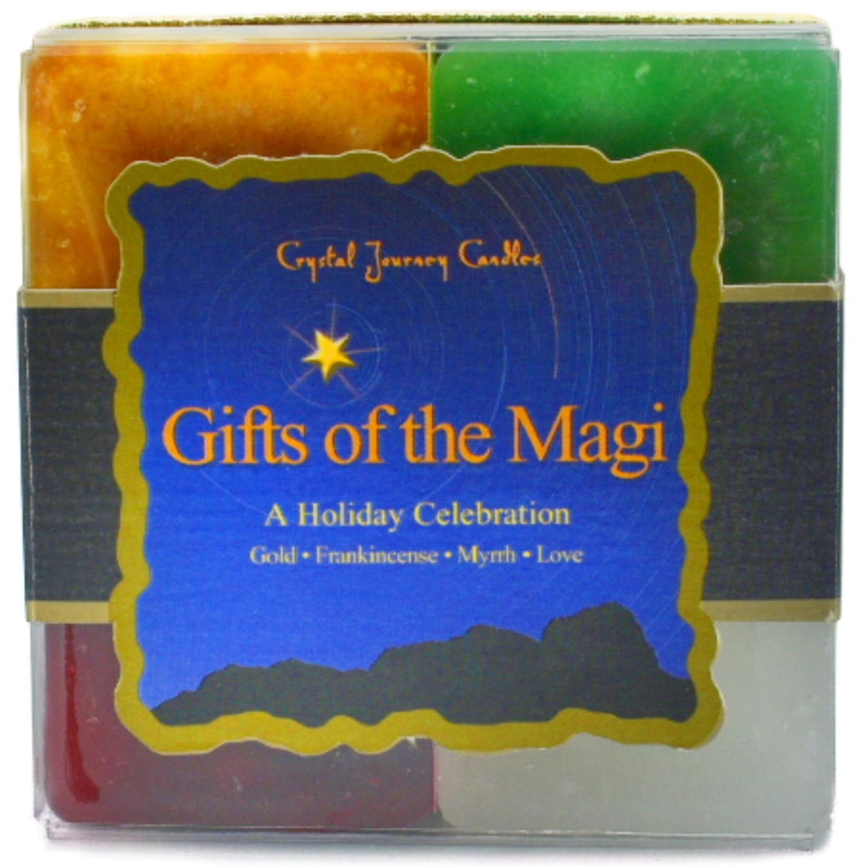Gifts of the Magi Candle Set with gold, green, red, and white candles.