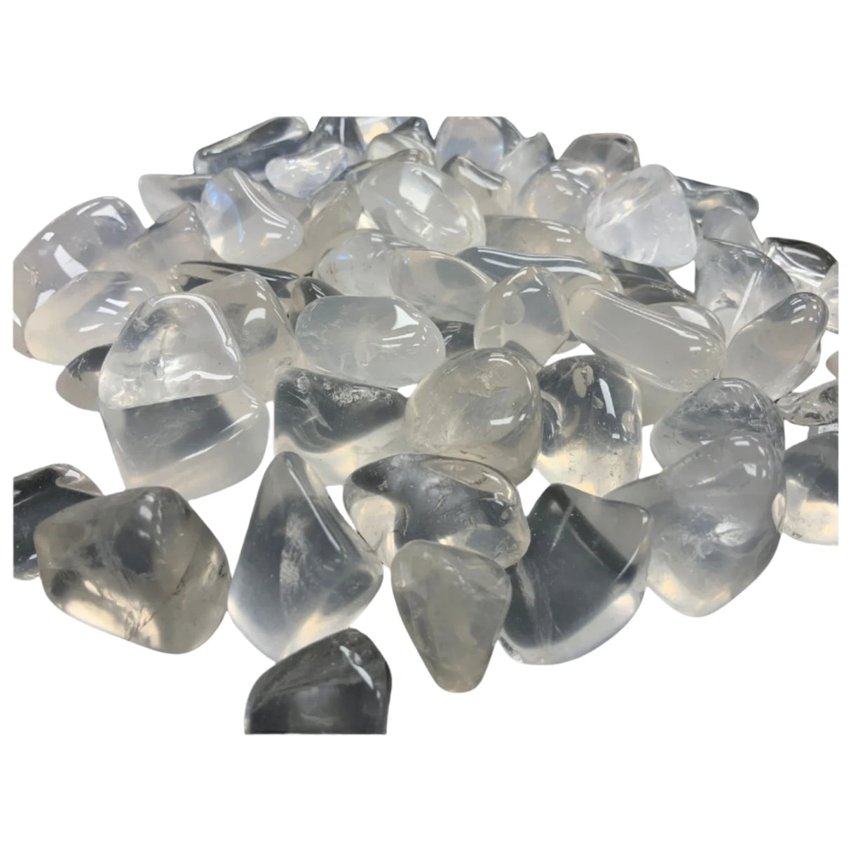 Tumbled Girasol stones with a translucent white color and a shimmering, iridescent sheen.