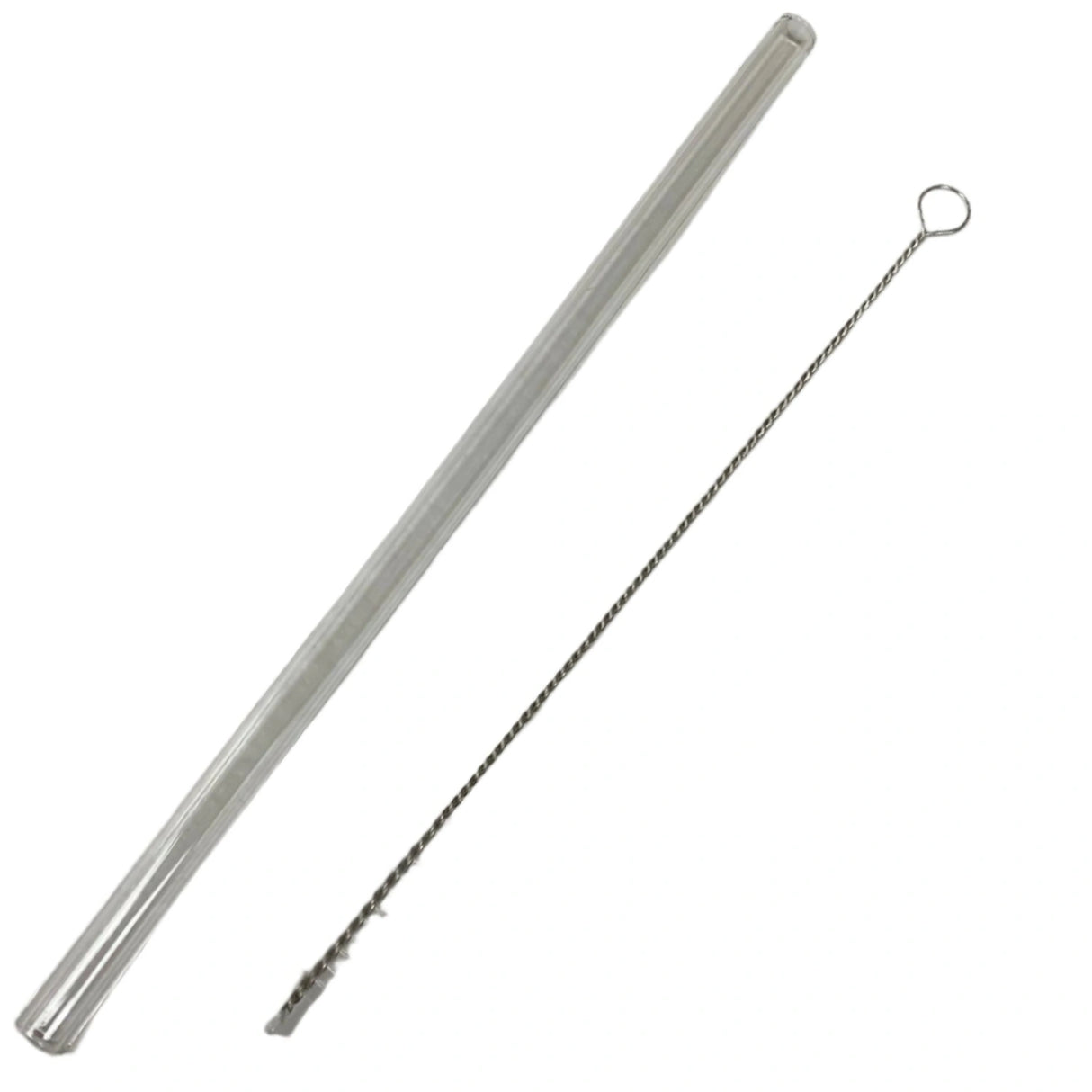Clear glass straw with a metal cleaning brush.
