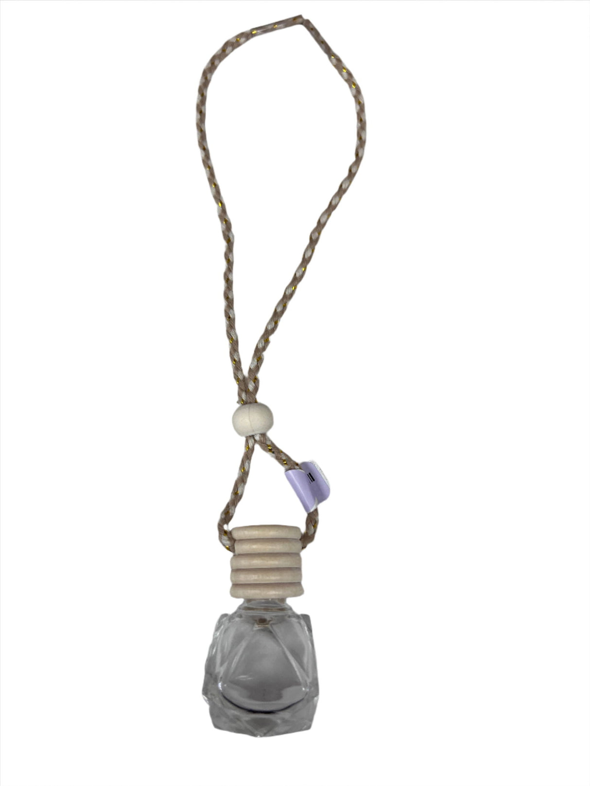 Glass Bottle Diffuser - clear octagonal bottle with wood cap and on a rope