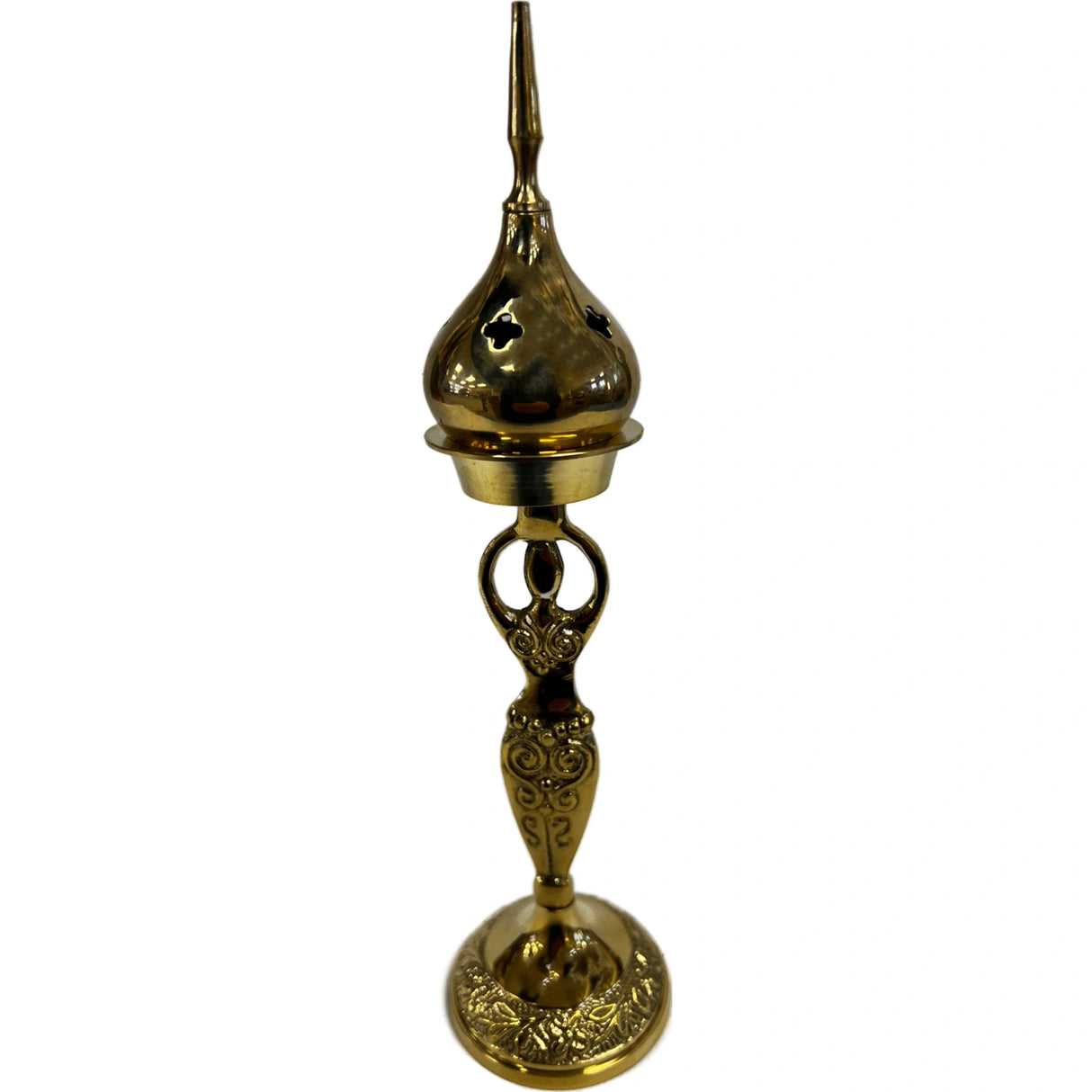 Gold brass incense burner with a goddess-shaped base.