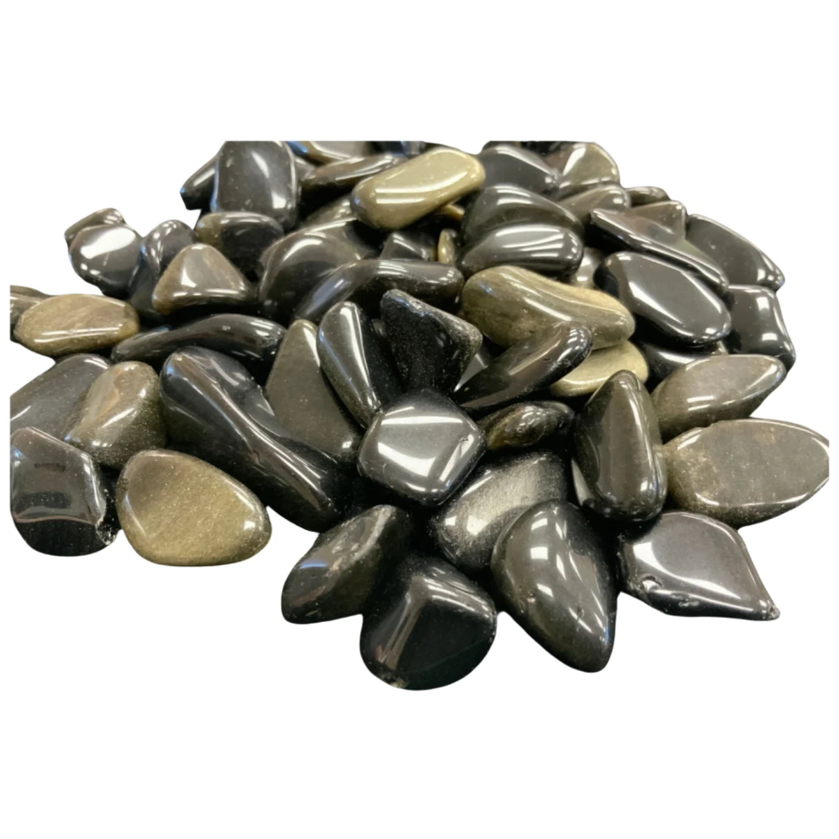 Tumbled Gold Sheen Obsidian stones with a smooth, polished finish and a deep black color with shimmering golden inclusions.