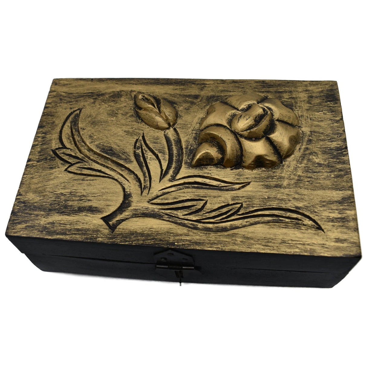 Golden Rose Antique Finish Box - Wooden box with antique gold paint, carved rose mela coast on front.