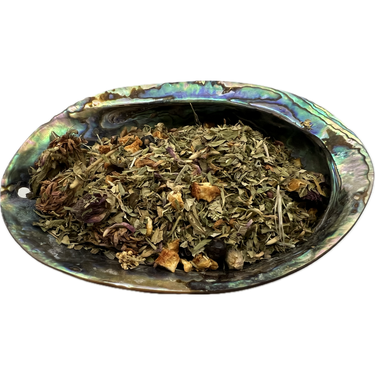 Goodbye Stress Herb Mix Bag - Goodbye Stress Herb Mix on top of a colour sea shell