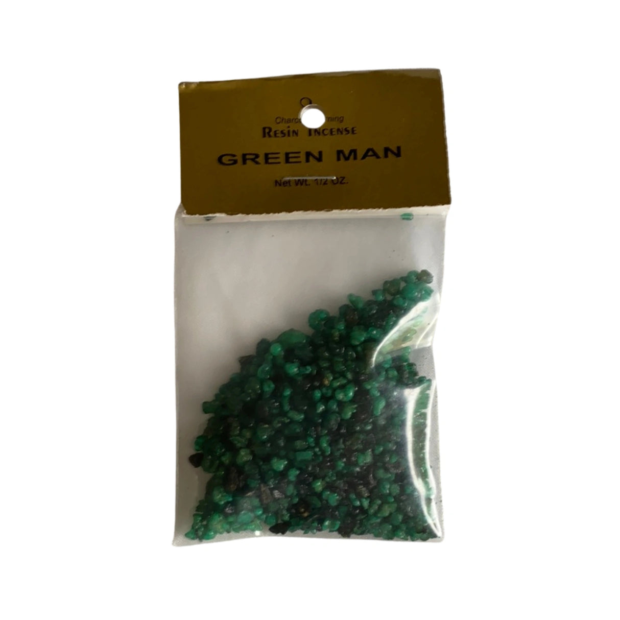 Green Man Resin Incense packed inside a clear plastic bag