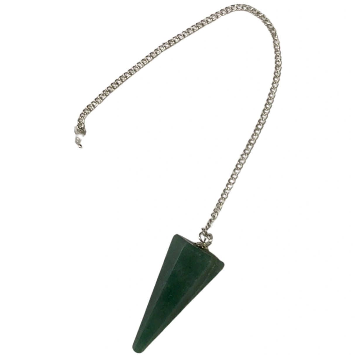 Green crystal pendulum with a silver chain.
