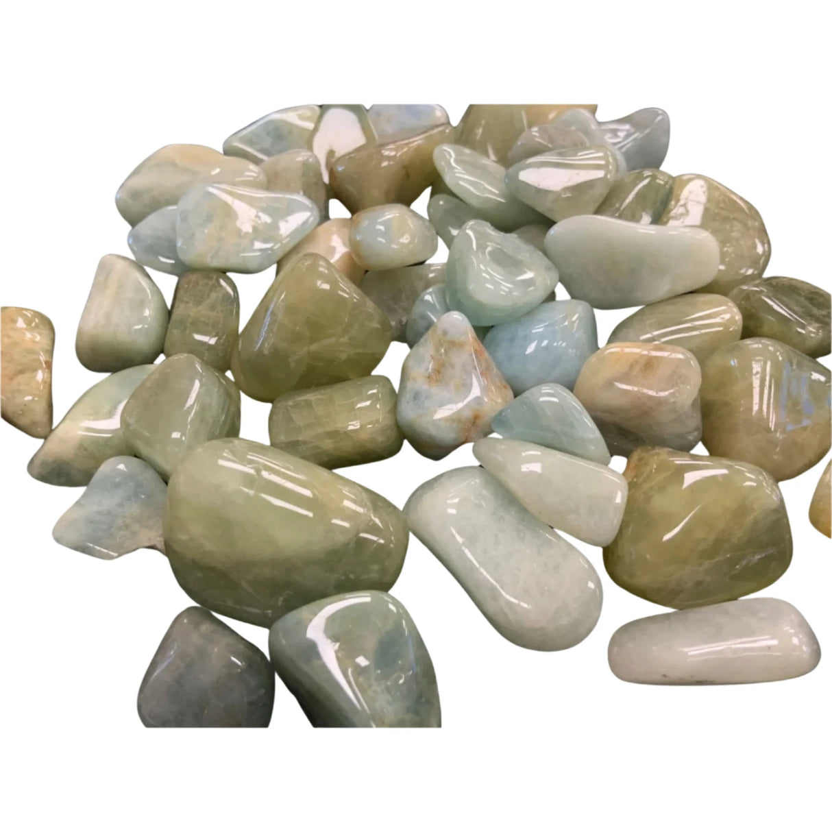 Tumbled Green Beryl stones with a smooth, polished finish and a variety of green hues, ranging from pale yellow-green to deeper shades.