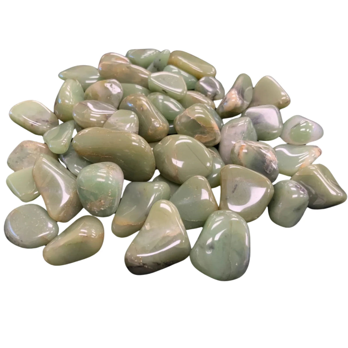 Tumbled Green Chalcedony stones with a smooth, polished finish and a translucent green color.