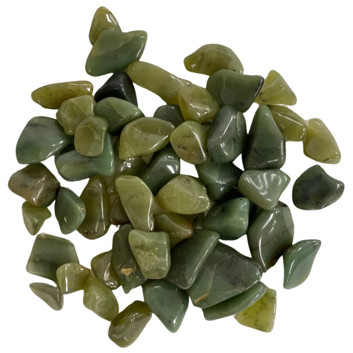 Green Chert Tumbled - A loose collection of tumbled Green Chert stones with smooth, rounded surfaces. The stones exhibit a range of green hues, from light olive to deeper forest green, with some stones displaying subtle variations in shade and translucency.