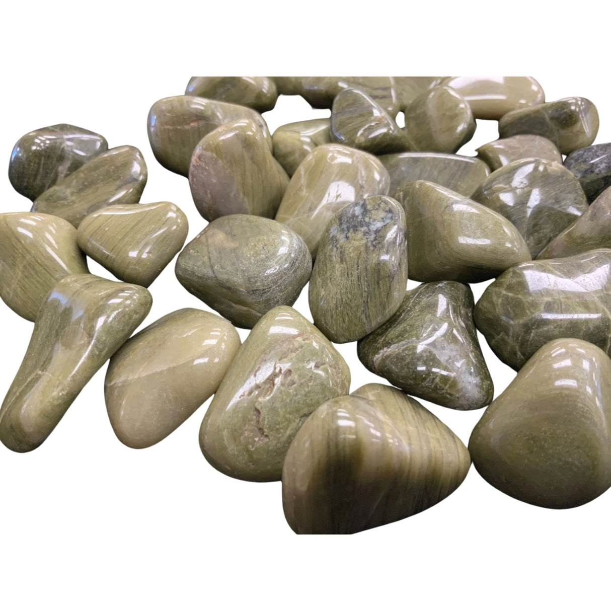 Tumbled Green Fabric Jasper stones with a smooth, polished finish and a unique, fibrous pattern resembling fabric weaves. The stones exhibit a vibrant green color with darker green or brown inclusions.