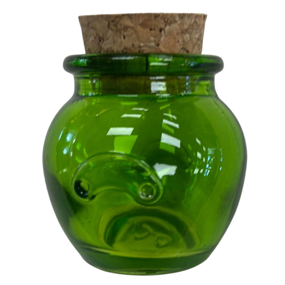 Green glass jar with a cork stopper.