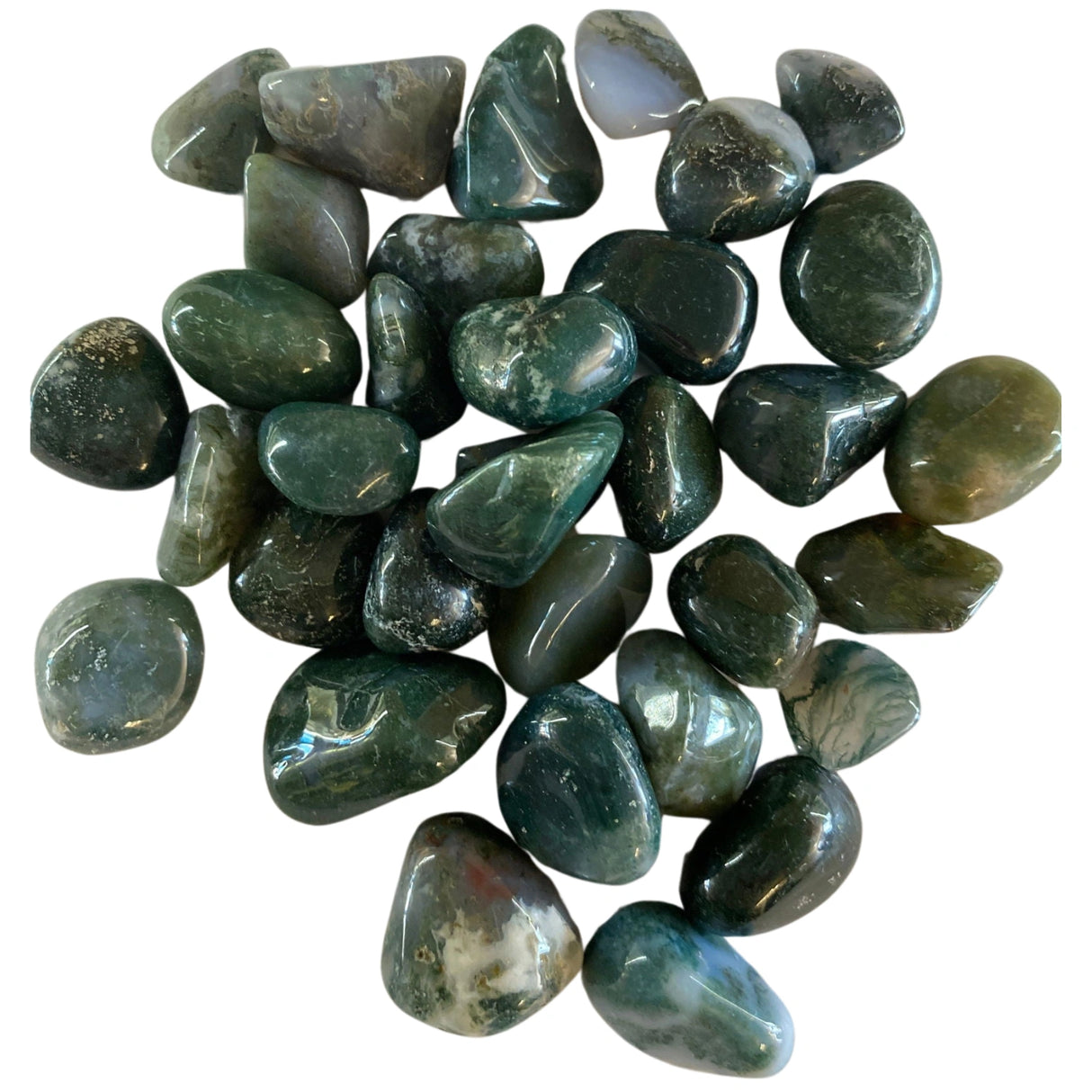 Tumbled Green Moss Agate stones with a smooth, polished finish and a variety of green hues with distinctive moss-like inclusions.