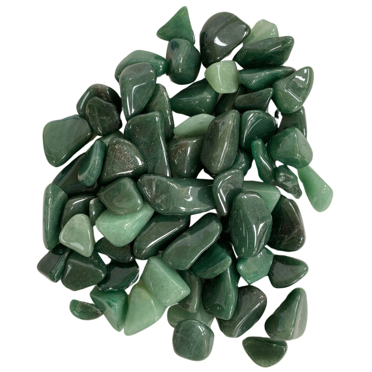 Tumbled Green Quartz stones with a smooth, polished finish and a variety of green hues, ranging from pale green to deep forest green.