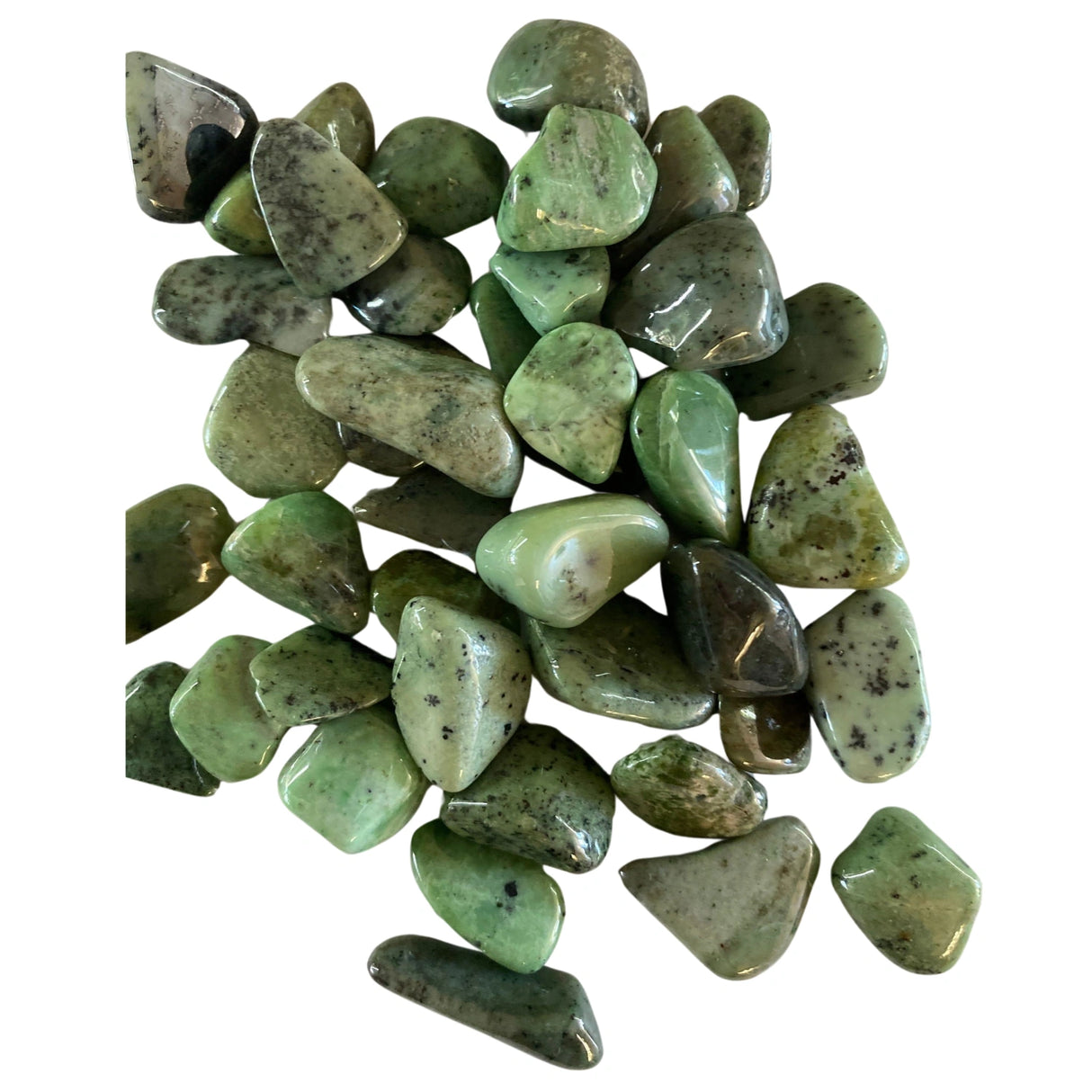 Tumbled Grossularite stones with a smooth, polished finish and a variety of green hues, ranging from pale green to deep emerald green.