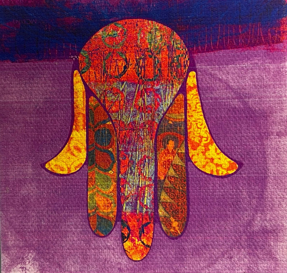 Hamsa canvas magnet with a colorful, textured design and a purple background.