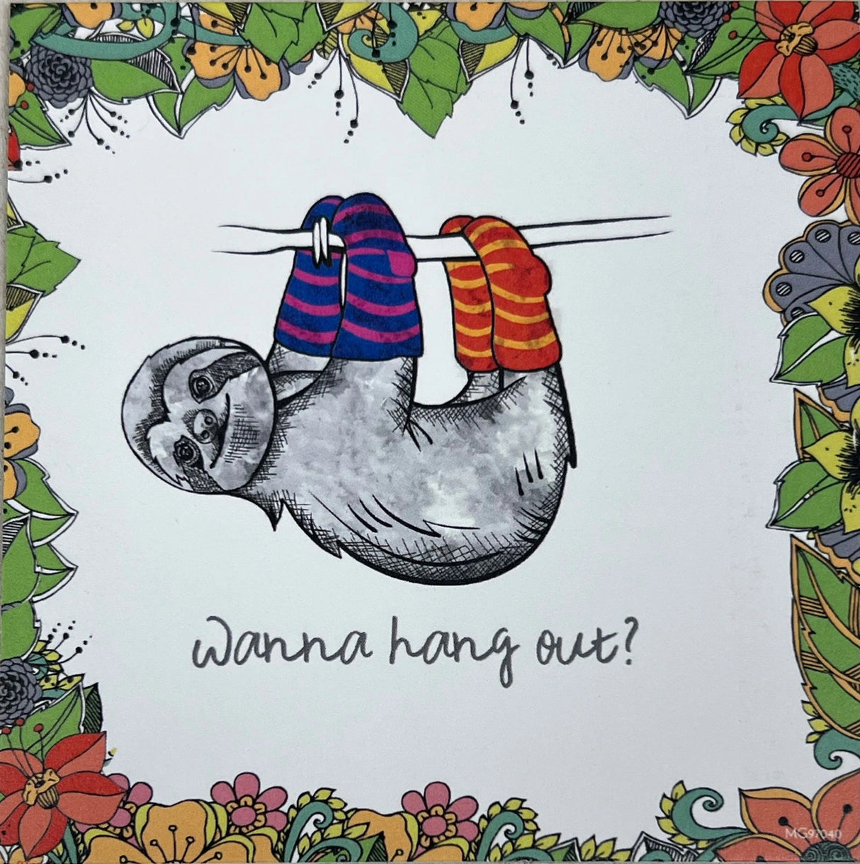 Sloth hanging upside down with colorful socks, with the text "Wanna hang out?"