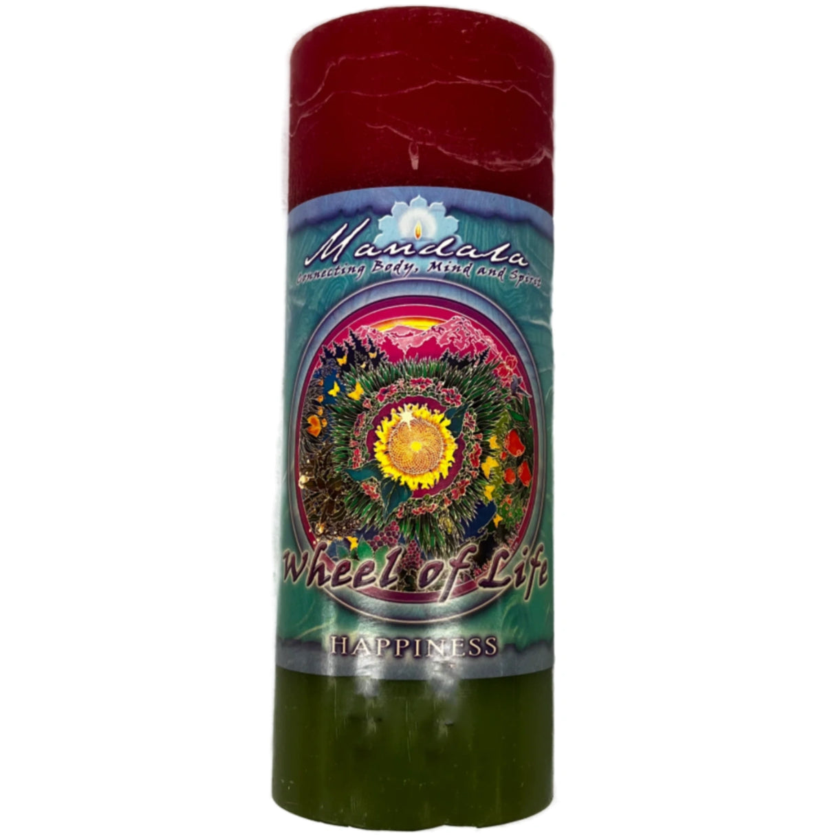 Red candle with "MANDALA" and "HAPPINESS" labels.