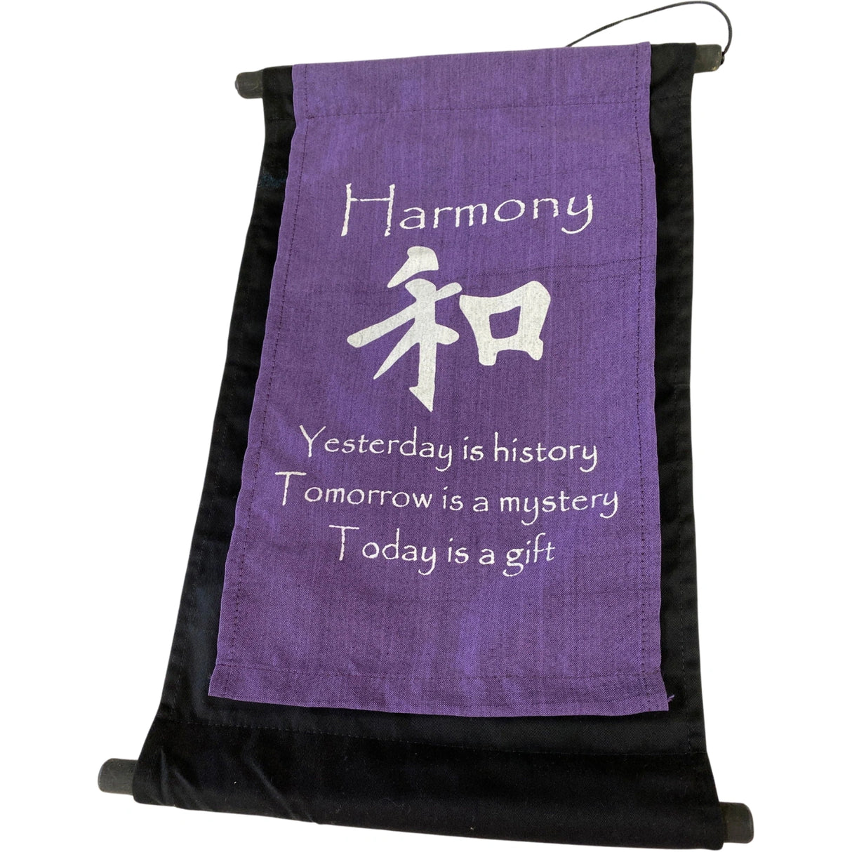 Harmony Banner - Harmony Banner made from black and lavender colored cloth with white print of text.