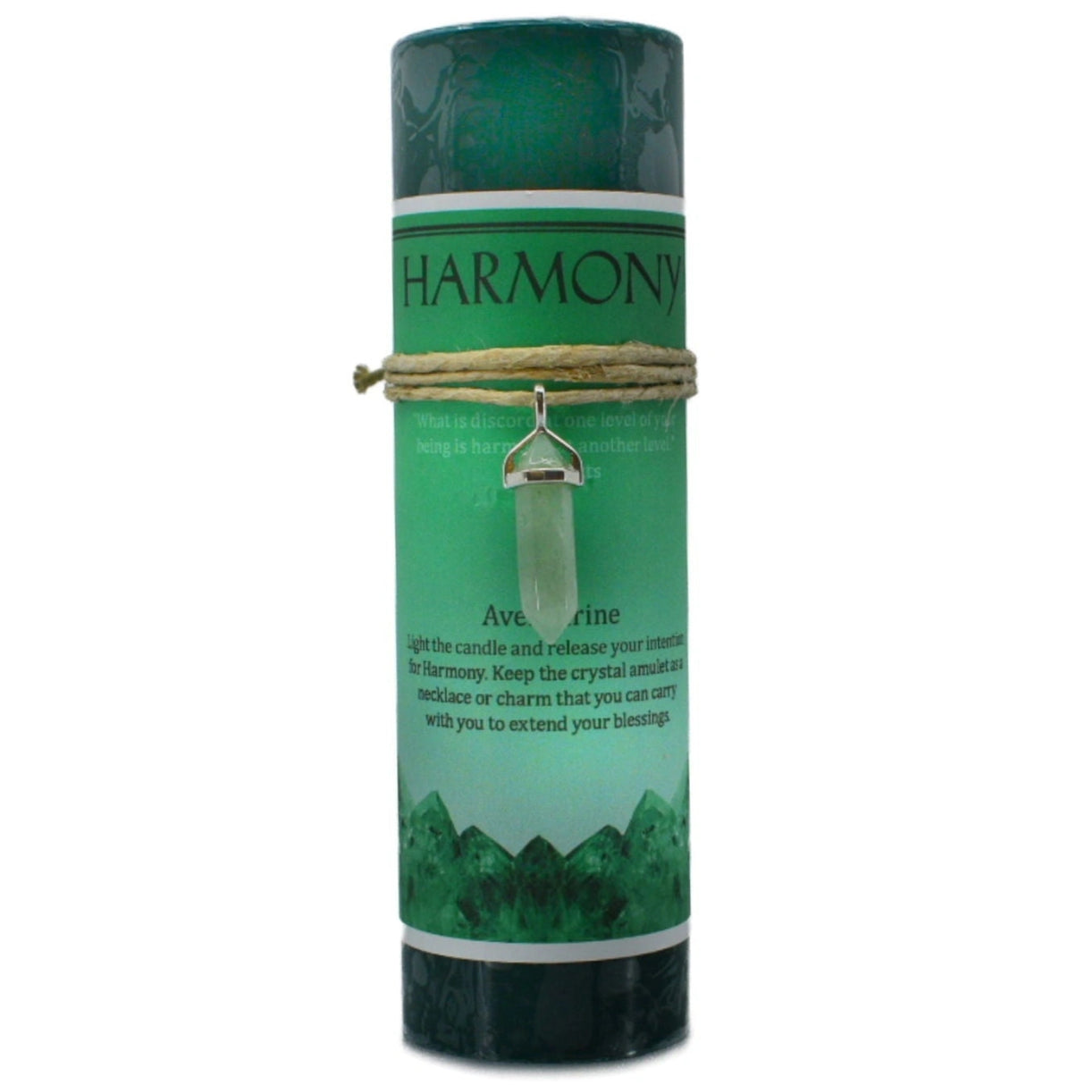 Green candle with "HARMONY" label and aventurine pendant.
