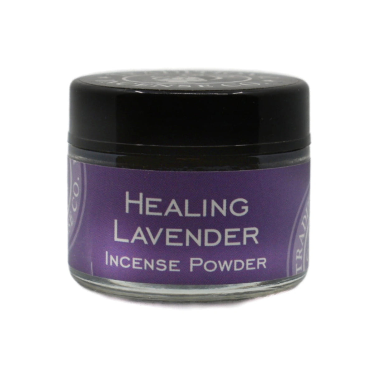 Healing Lavender Incense Powder in a clear jar with a black lid.