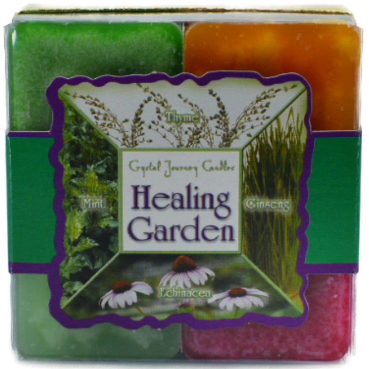 Healing Garden Candle Set with green, orange, purple, and pink candles.