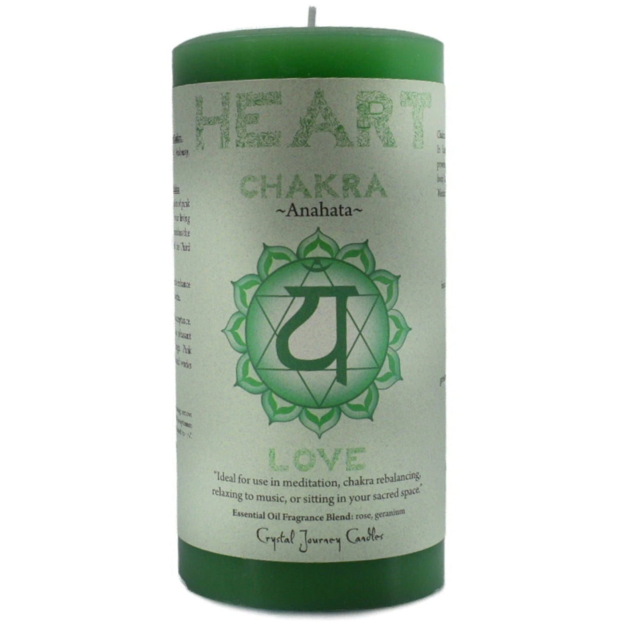 Green pillar candle with "HEART CHAKRA" and "LOVE" label.