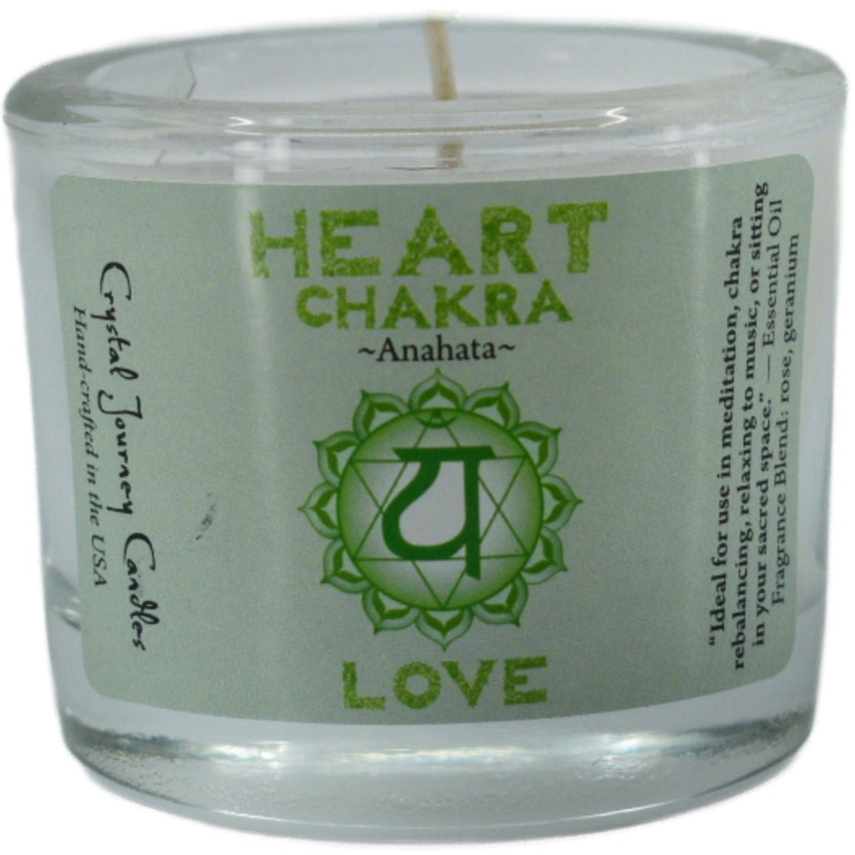 Heart Chakra candle with white label and rose geranium scent.
