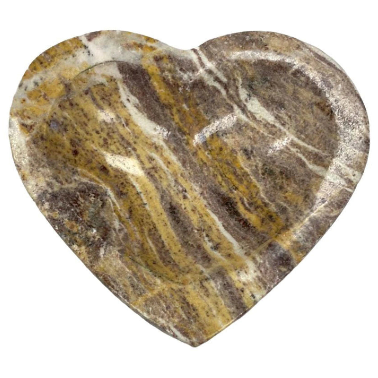 Heart-shaped stone bowl with a smooth, polished finish and a variety of brown, beige, and white patterns.