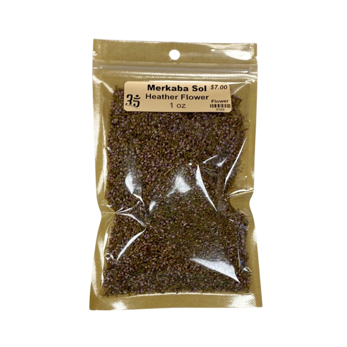 Dried Heather Flower in a clear plastic bag.