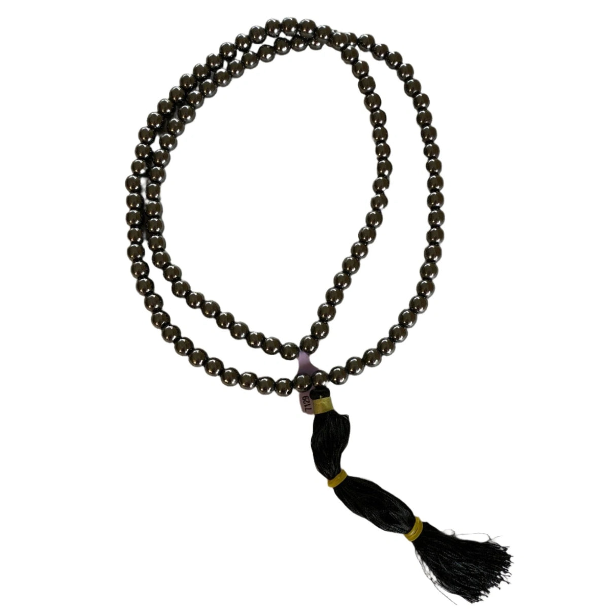 Hematite Mala - Hematite Mala -Round dark metallic Beas strung tighter with dark tassle