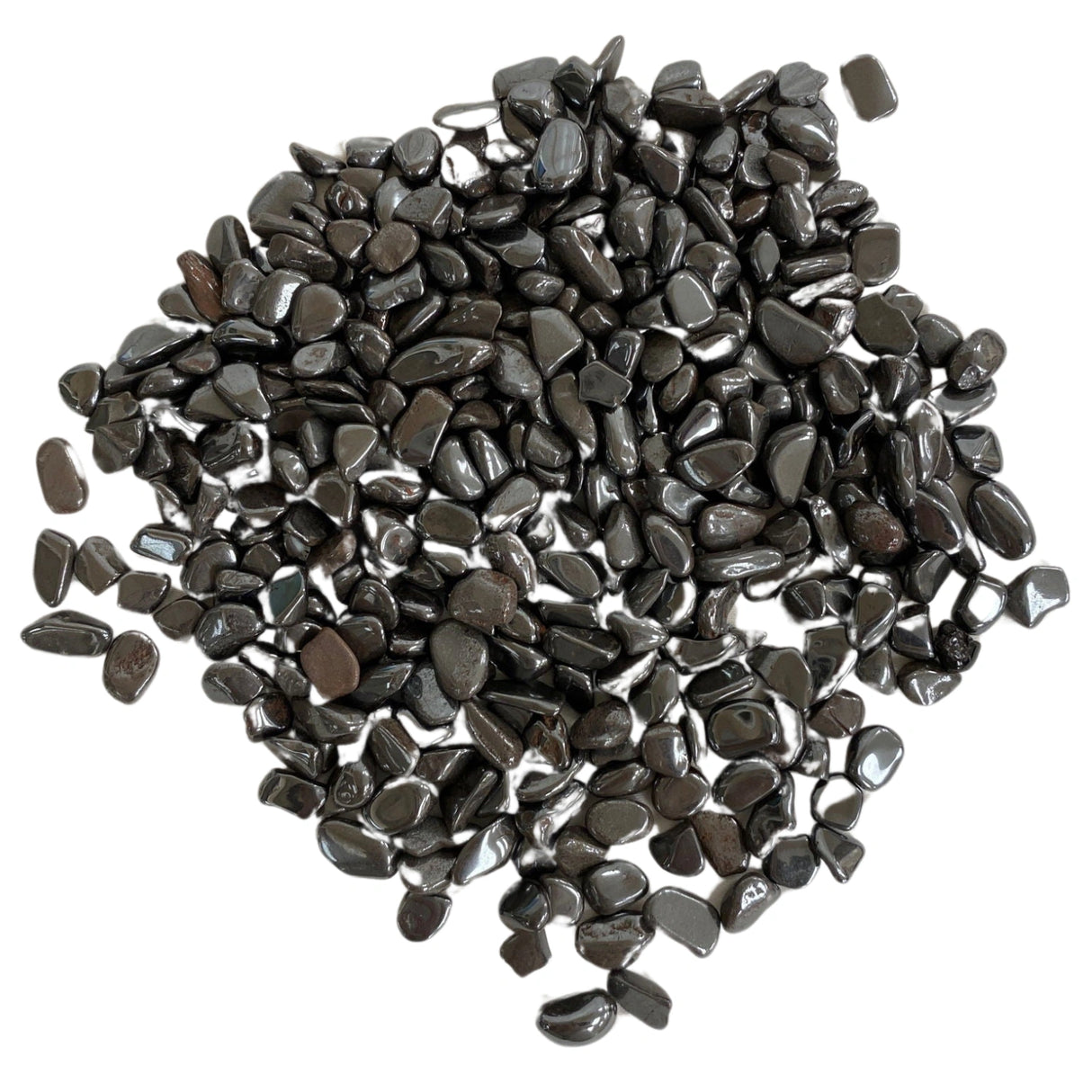 A cluster of small, tumbled Hematite stones with a smooth, polished finish and a dark gray, metallic luster.