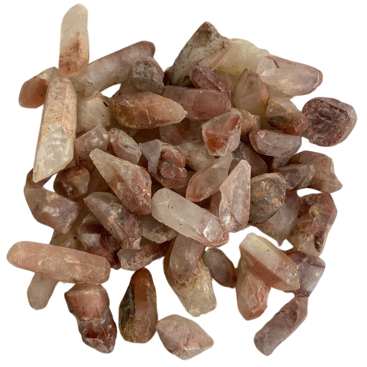 Tumbled Hematoid Quartz points with a smooth, polished finish and a translucent white base with reddish-brown inclusions.
