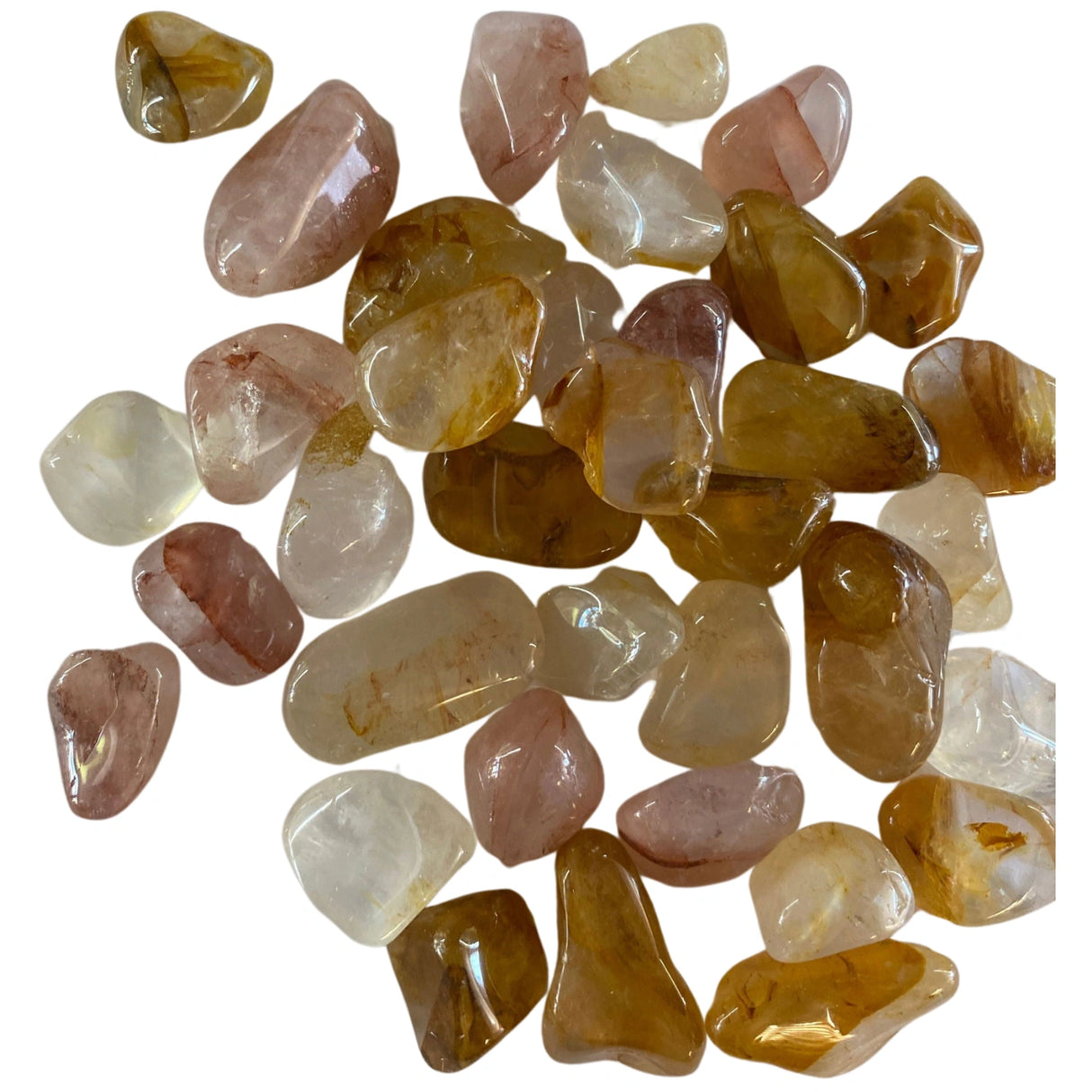 Tumbled Hematoid Quartz stones with a smooth, polished finish and a translucent white base with reddish-brown inclusions.