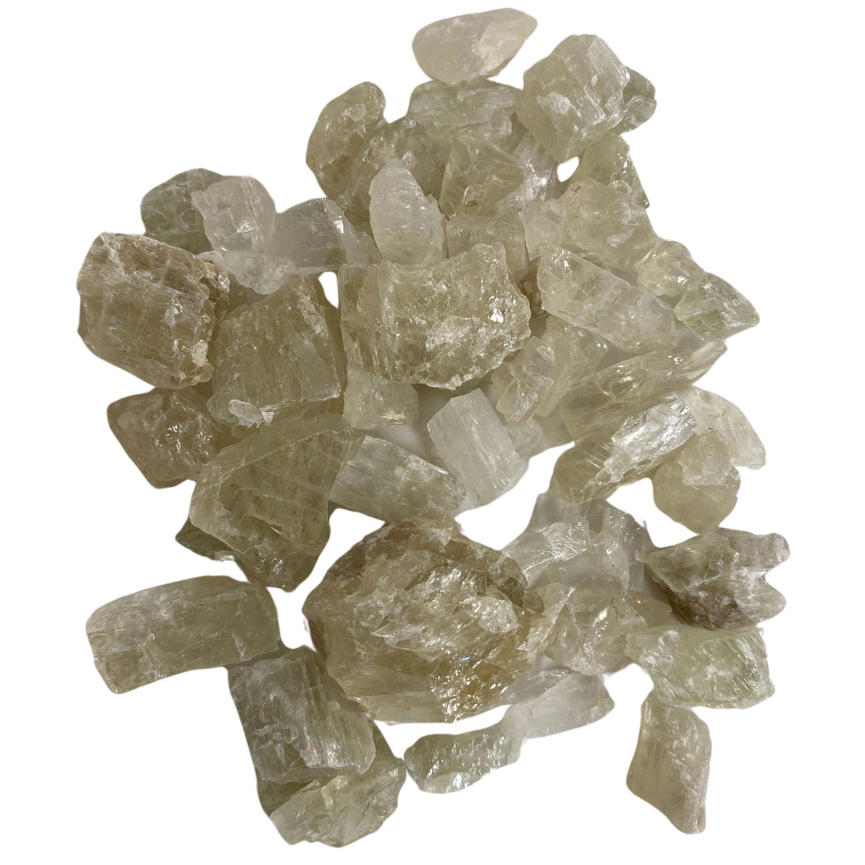 Tumbled Hiddenite stones with a smooth, polished finish and a vibrant green color.