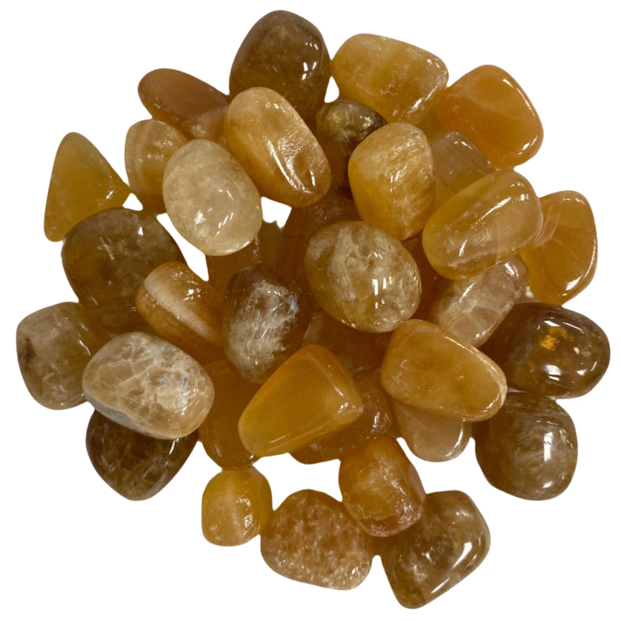 Tumbled Honey Calcite stones with a smooth, polished finish and a translucent yellow color.