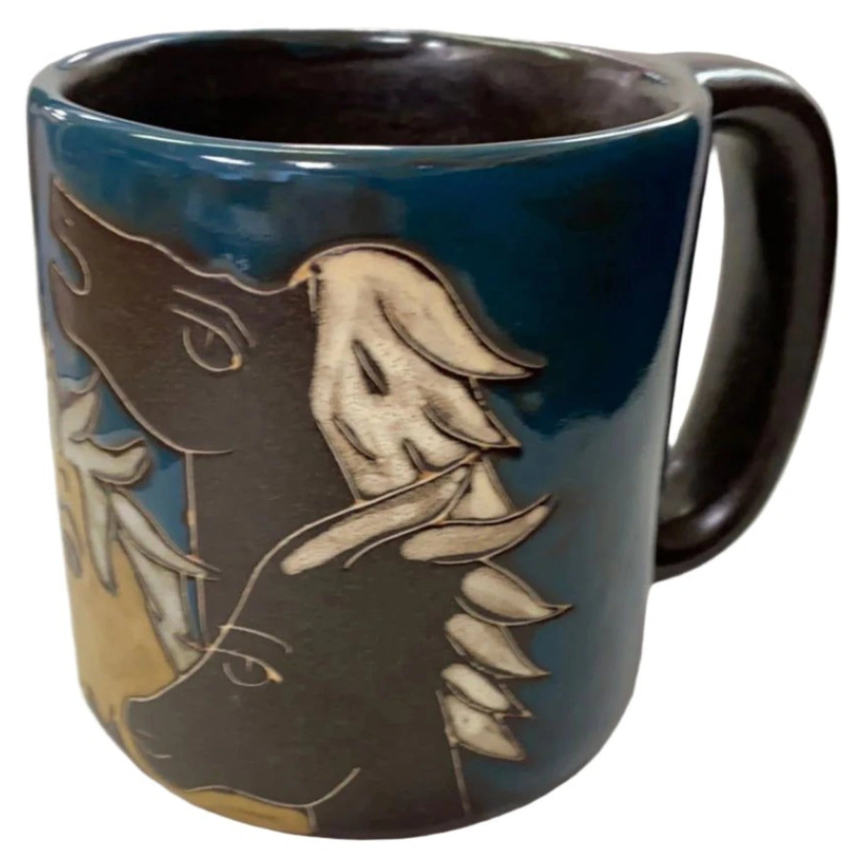 Stoneware mug with horses design.