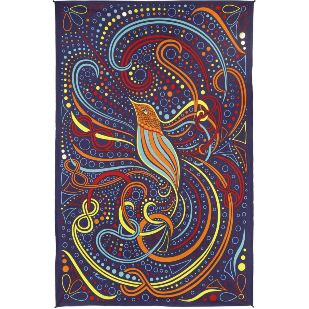 Tapestry featuring a colorful hummingbird surrounded by swirling lines and dots on a blue background.