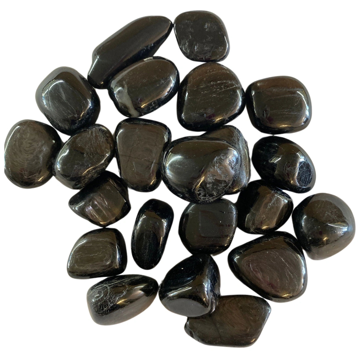 Tumbled Hyperstene stones with a smooth, polished finish and a dark, metallic sheen. The stones may exhibit subtle variations in color and texture.